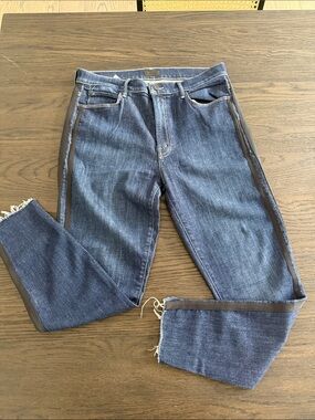 MOTHER Stunner Zip Ankle Step Fray  Straight-Leg Jeans with Black Side Stripes